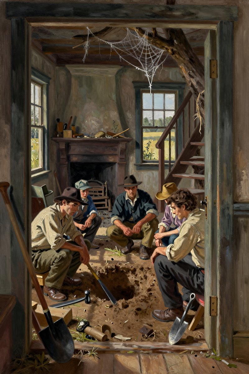 By the man noon, they returned to the dead tree, where they sat in shade for a smoke and chat before digging one last hole out of mere.