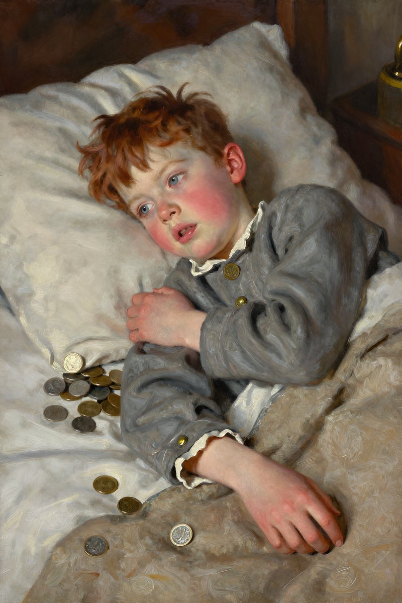 A young boy with wild chestnut hair and a determined face lies in bed, his gray-blue eyes wide open as he recalls the events of the previous day.