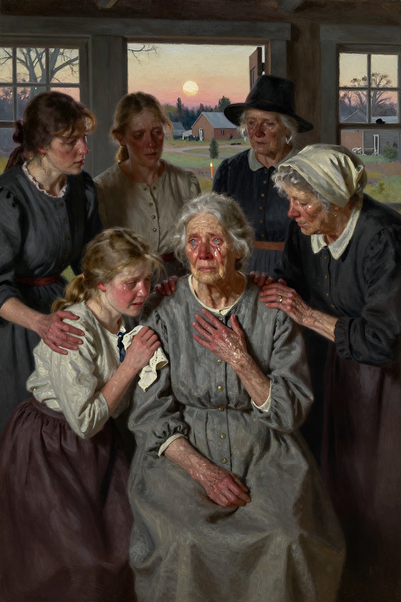 An elderly woman with a weathered face, graying hair tied back, wearing a simple dress, petite build, gray eyes, her face shining with grief, eyes on the others.