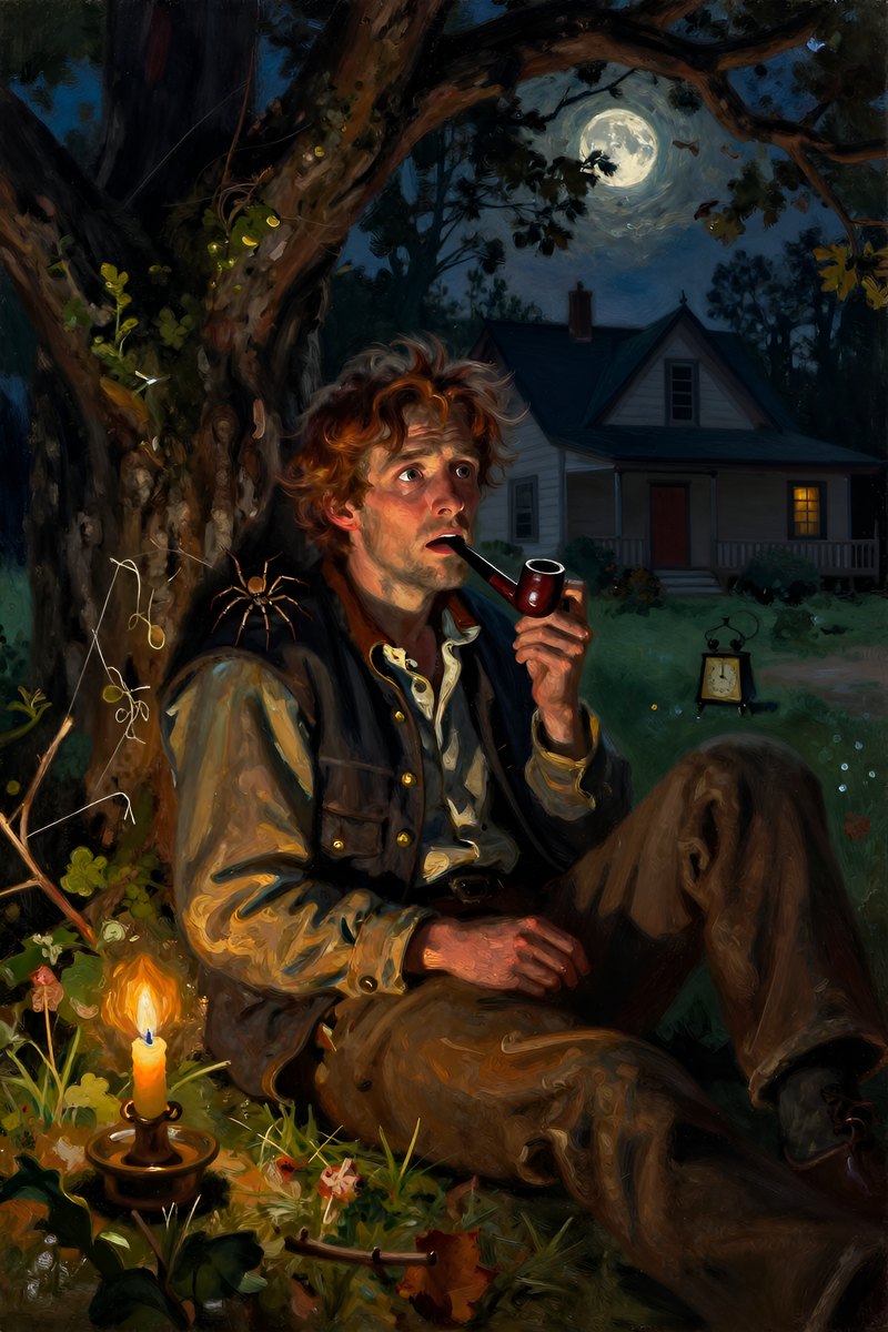 In the dim, still twilight of a moonless night, the man sits hunched against the trunk of an old oak tree, his chestnut hair tousled and eyes wide.