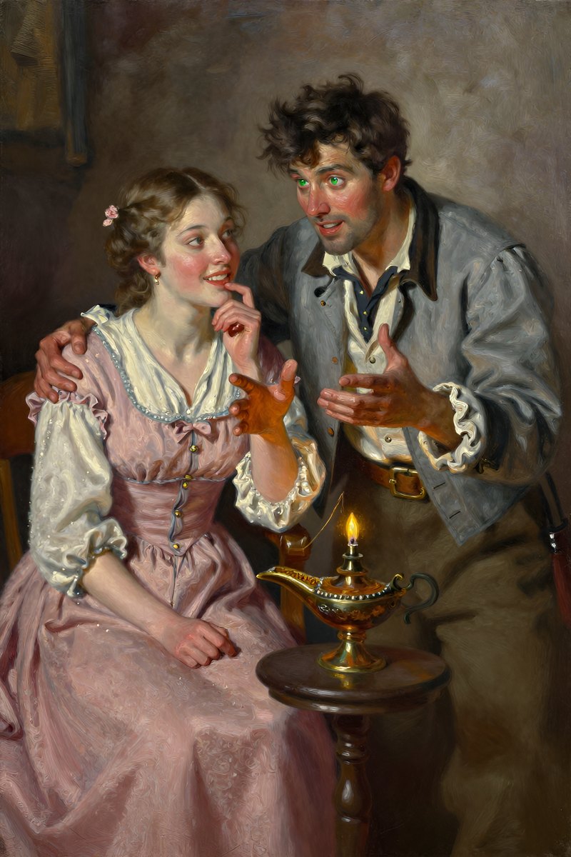 The man's green eyes sparkle with excitement, his simple clothing rustling slightly as he leans closer to the woman, gesturing animatedly with both hands to emphasize each point.