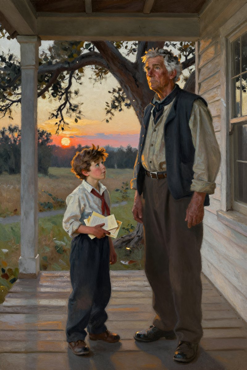 A weathered old man, gray hair and weather-beaten face, stocky build, brown eyes, pale complexion stands on a weathered porch, his gray eyes fixed on the horizon.