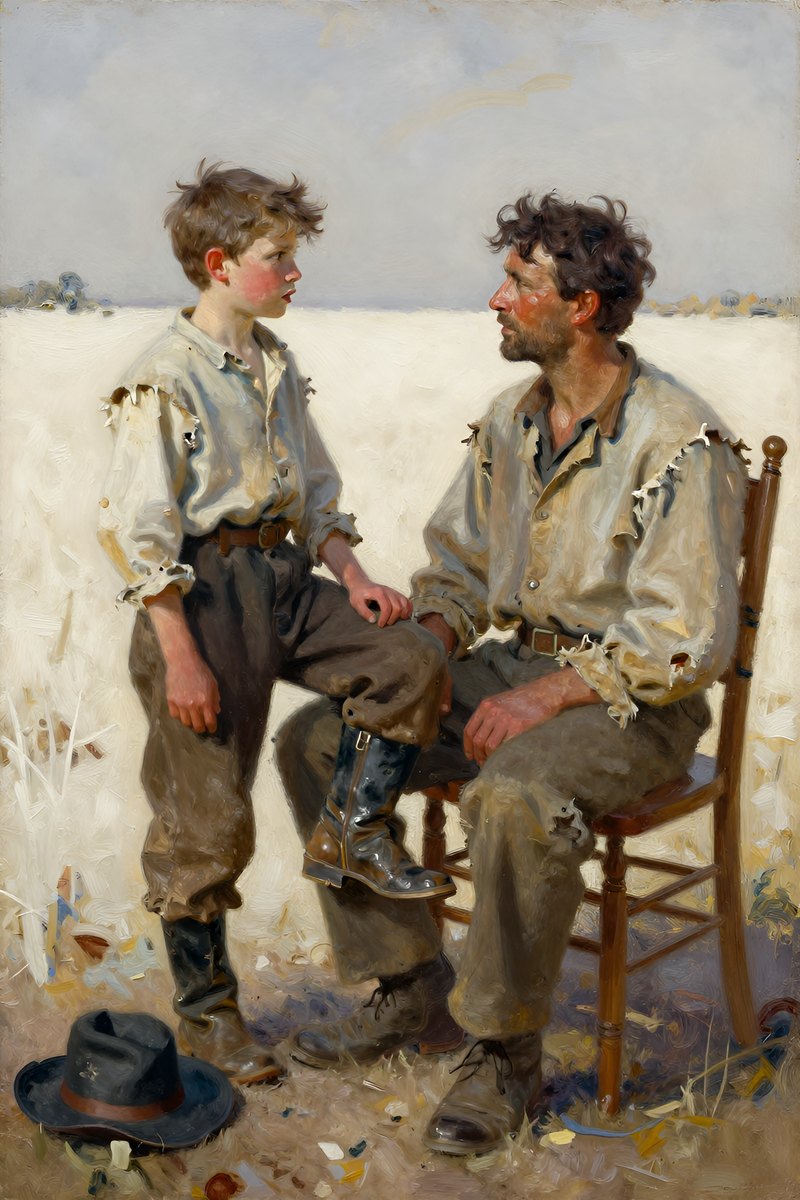 A young boy, the man, with tousled brown hair and an earnest expression stands before a man in his late forties.