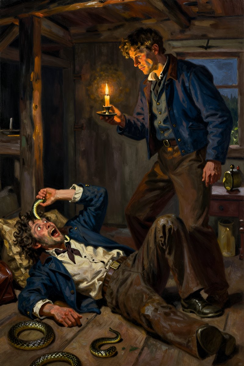 Pap thrashes wildly around the dimly lit cabin, his eyes wild and frantic.