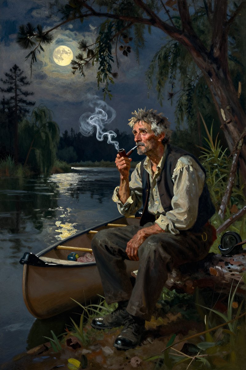 Darkness falls over the river, and a weathered old man, gray hair and weather-beaten face, stocky build, brown eyes, pale complexion sits on a willow branch, his weather-beaten.