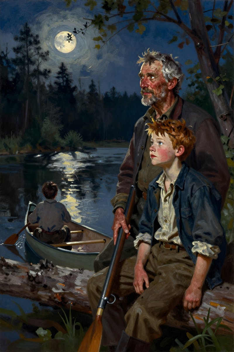A weathered old man, gray hair and weather-beaten face, stocky build, brown eyes, pale complexion, his face bright with delight, looking to the side.