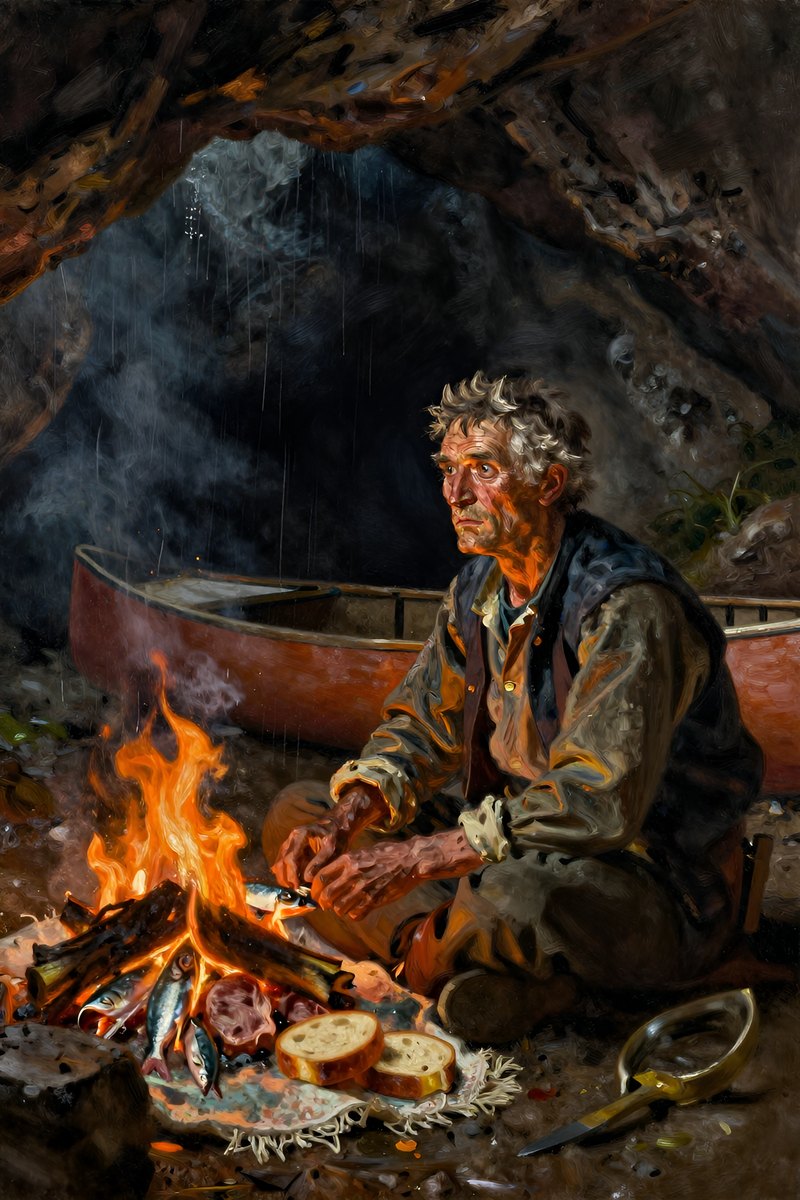A weathered old man, gray hair and weather-beaten face, stocky build, brown eyes, pale complexion, gazing off to one side.