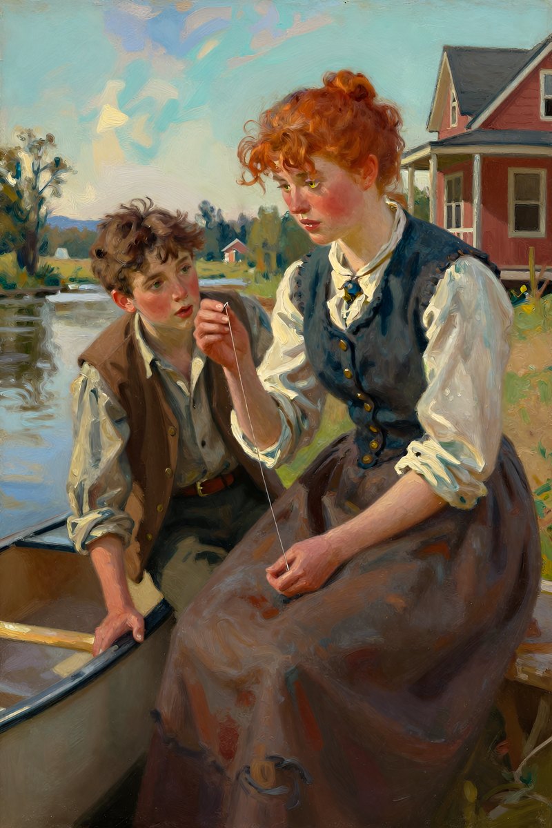 Sarah, the red-headed woman with lit-up eyes and a radiant face stands by her uncle's house on the riverbank.