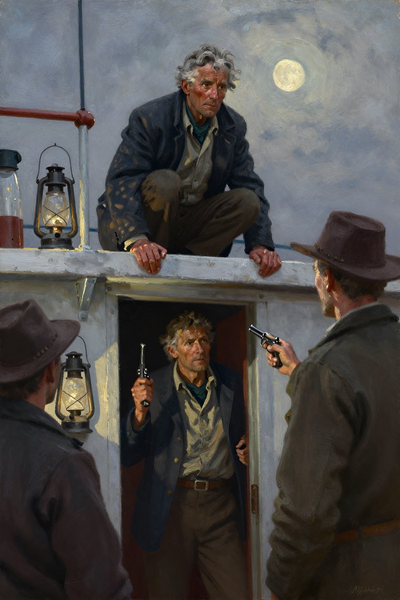 A weathered old man, gray hair and weather-beaten face, stocky build, brown eyes, pale complexion, gazing off to one side.