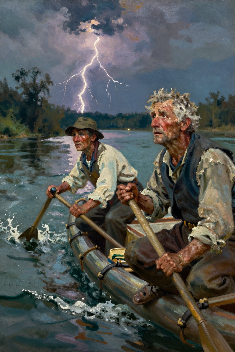 A weathered old man, gray hair and weather-beaten face, stocky build, brown eyes, pale complexion, his face tight with fear, looking into the distance.