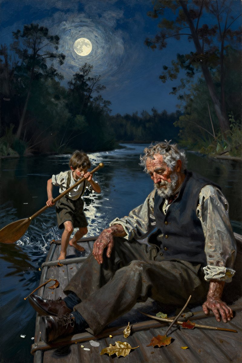 A weathered old man, gray hair and weather-beaten face, stocky build, brown eyes, pale complexion, eyes lowered in thought.