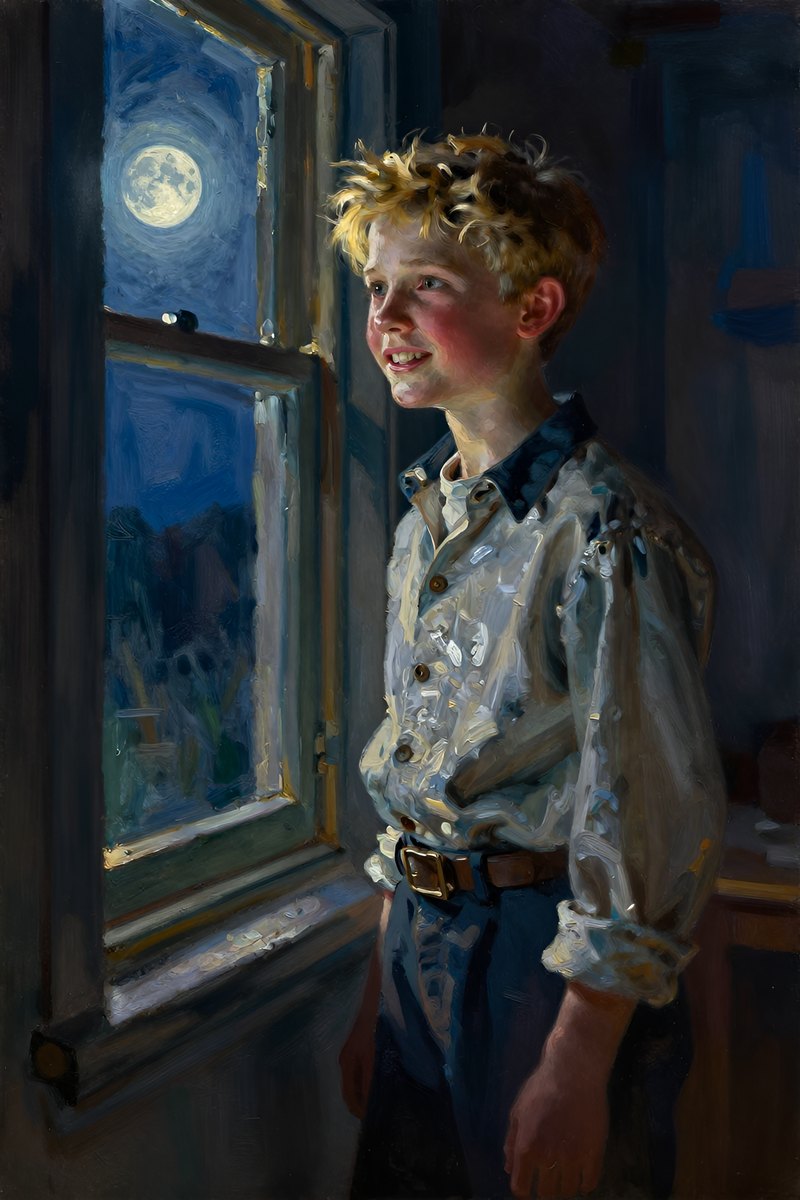 A young boy, around thirteen or fourteen, with golden blond hair and a determined look stands near the window.