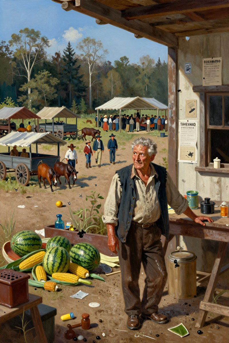 A weathered old man, gray hair and weather-beaten face, stocky build, brown eyes, pale complexion, his face bright with delight, gazing off to one side.
