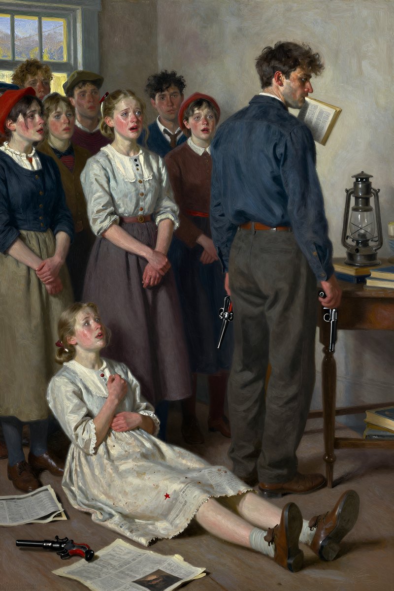 A young girl, about sixteen and very sweet-looking though pale with fear, cradles her father's lifeless body on a floor strewn with newspapers.