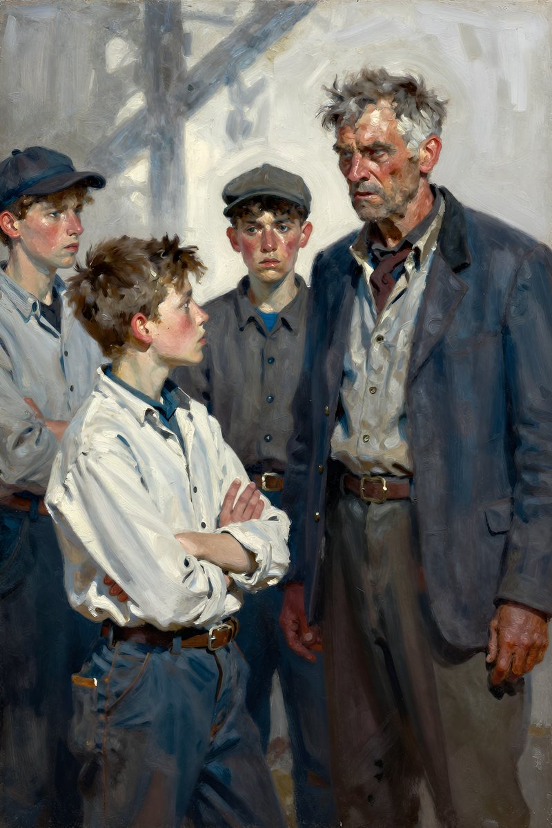 His lean frame is tense, arms crossed tightly over his chest as he listens intently to an older man's harsh words.