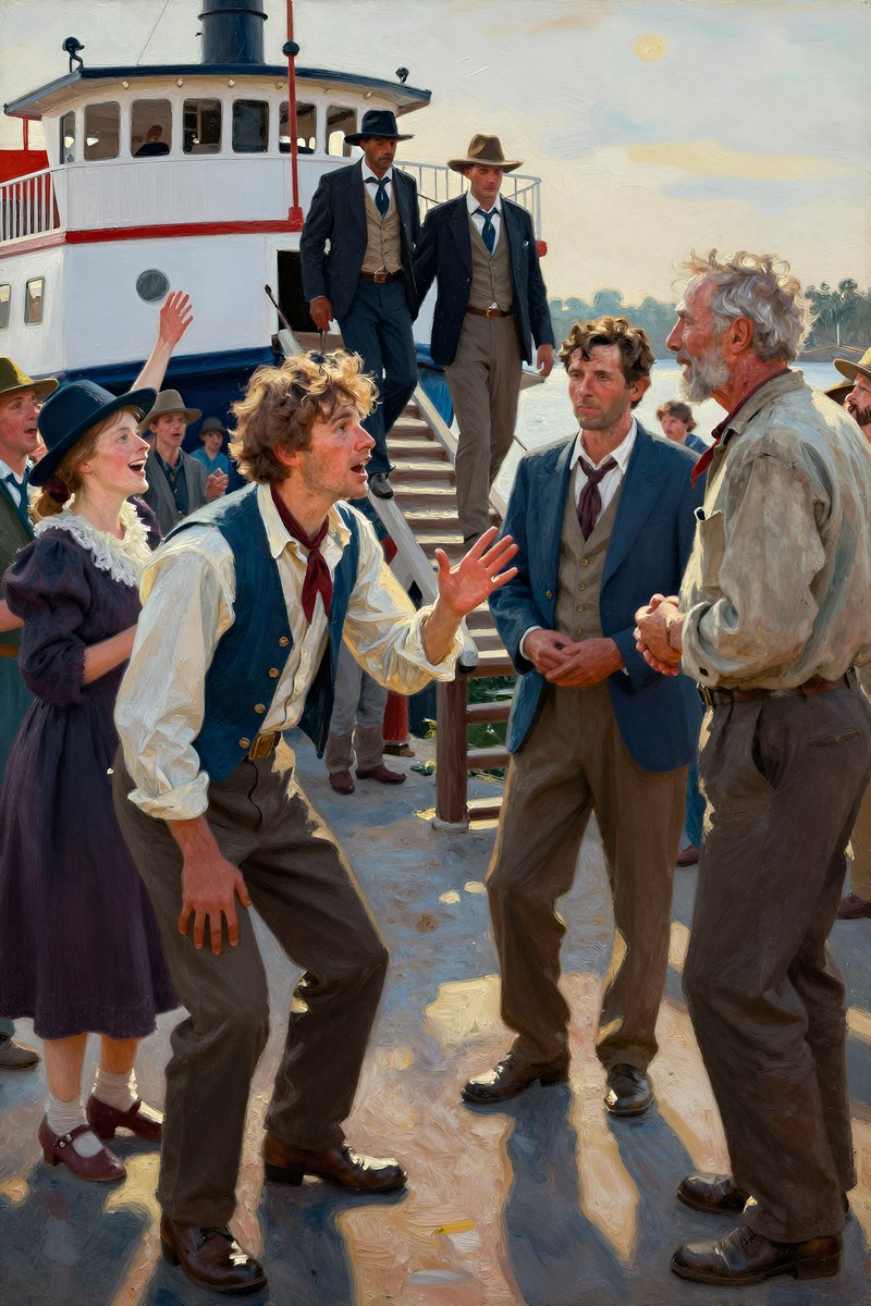 A crowd of people gathers in the public square, voices raised in excitement and laughter as a steamboat docks nearby.