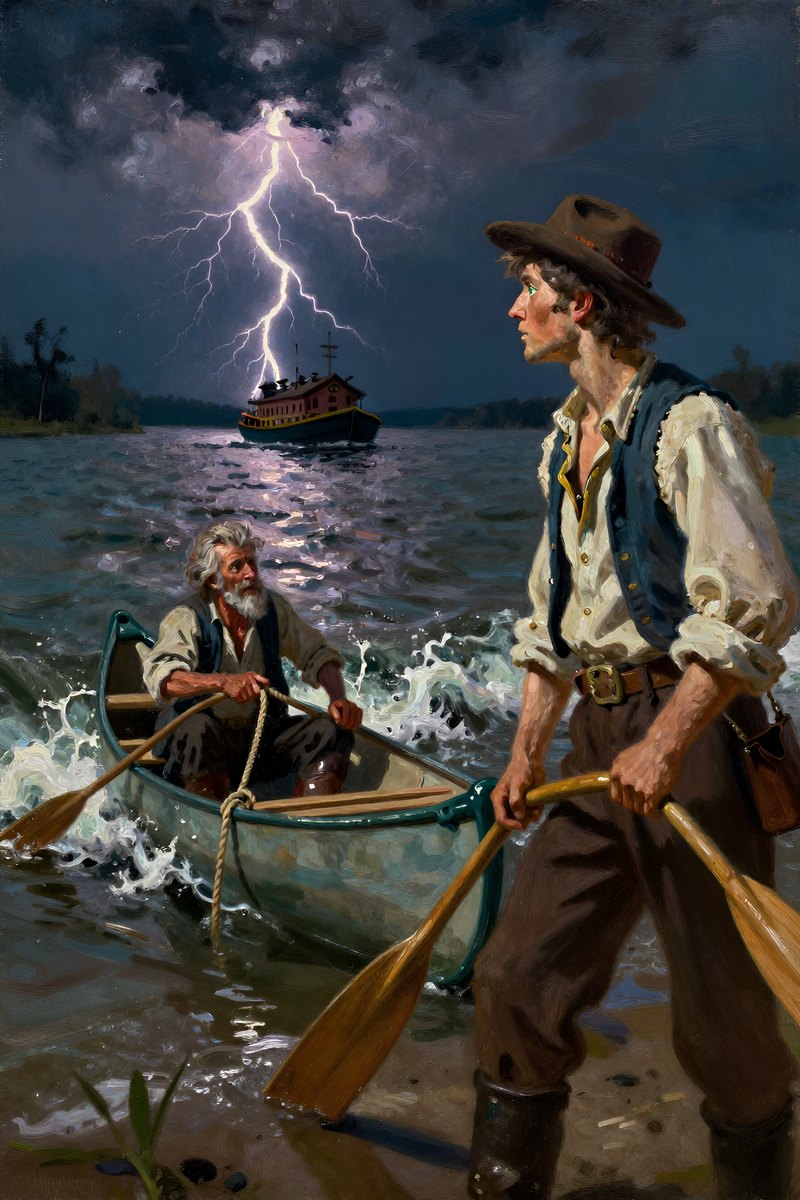 A stormy night envelops the Mississippi River, with lightning flashing intermittently.