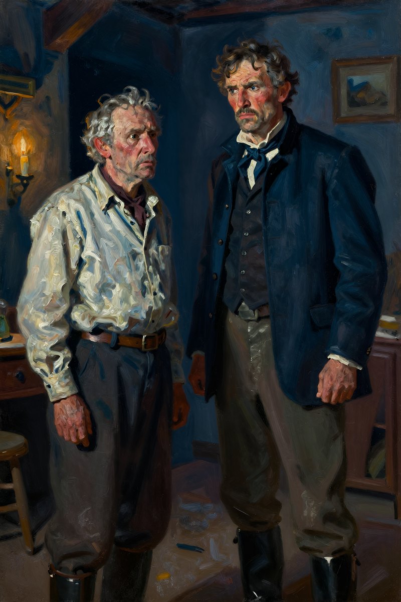 A weathered old man, gray hair and weather-beaten face, stocky build, brown eyes, pale complexion, his face tight with fear, eyes lowered in thought.
