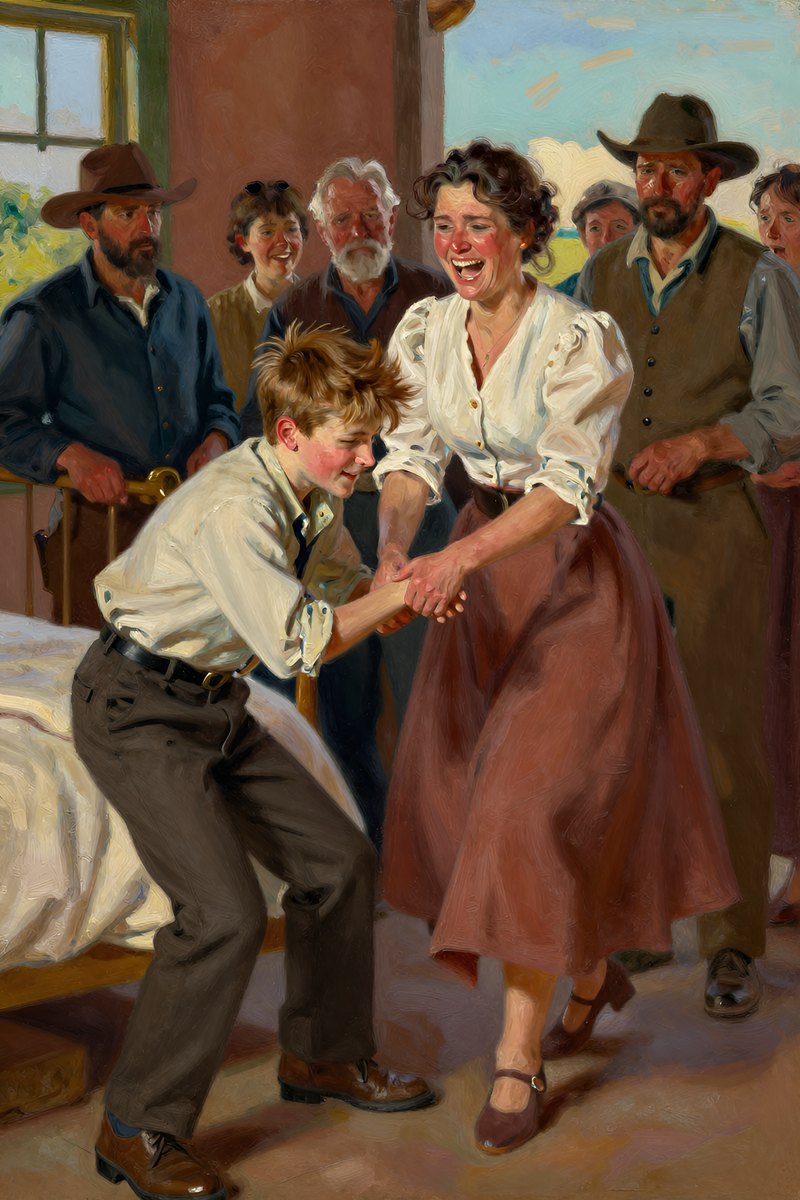 She stooped quickly at the foot of the bed, pulling a thirteen-year-old boy out with a sudden tug.