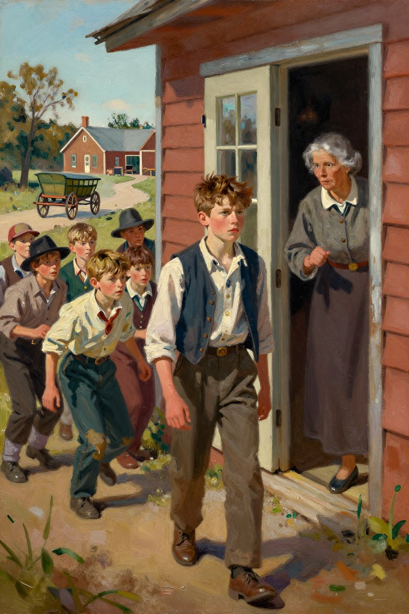 A thirteen-year-old boy in store clothes, chestnut hair tousled and determined face set with importance, strides confidently into the yard.