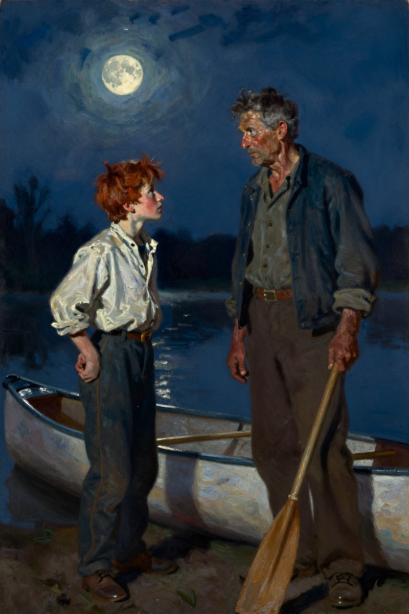 A youthful boy with wild chestnut hair and a determined face stands beside an older man, his gray-blue eyes fixed intently on the other.