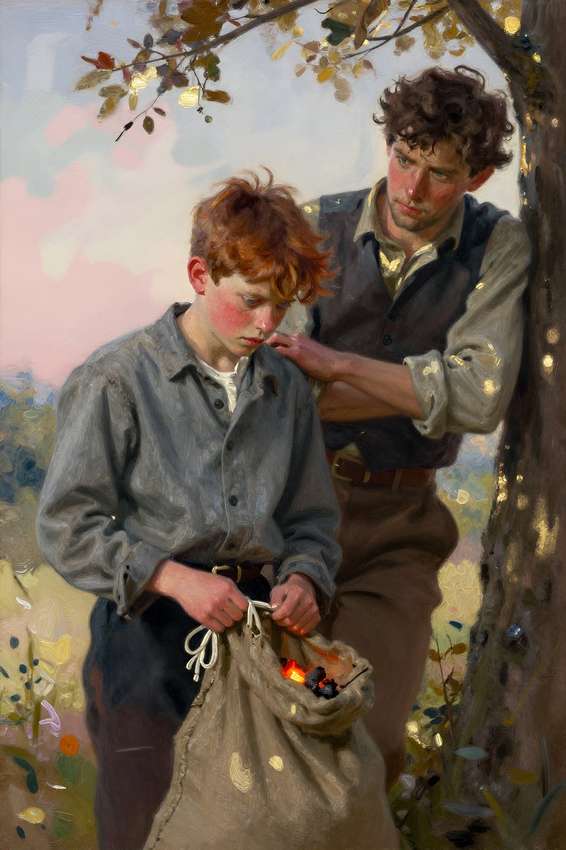 A thirteen-year-old boy, with wild chestnut hair, slight build, gray-blue eyes, rosy fair complexion, his face hard with anger, eyes lowered in thought.