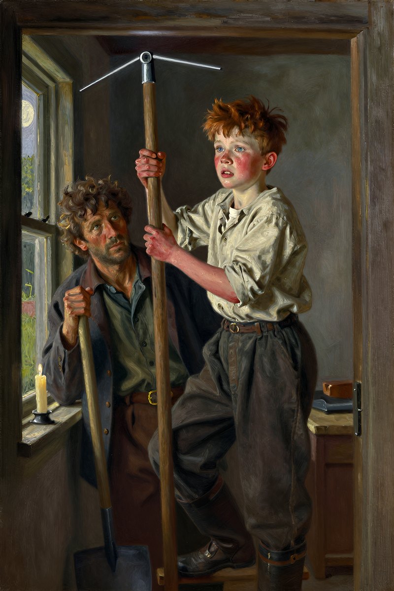 A thirteen-year-old boy, with wild chestnut hair, slight build, gray-blue eyes, rosy fair complexion, his face tight with fear, looking away from the viewer.