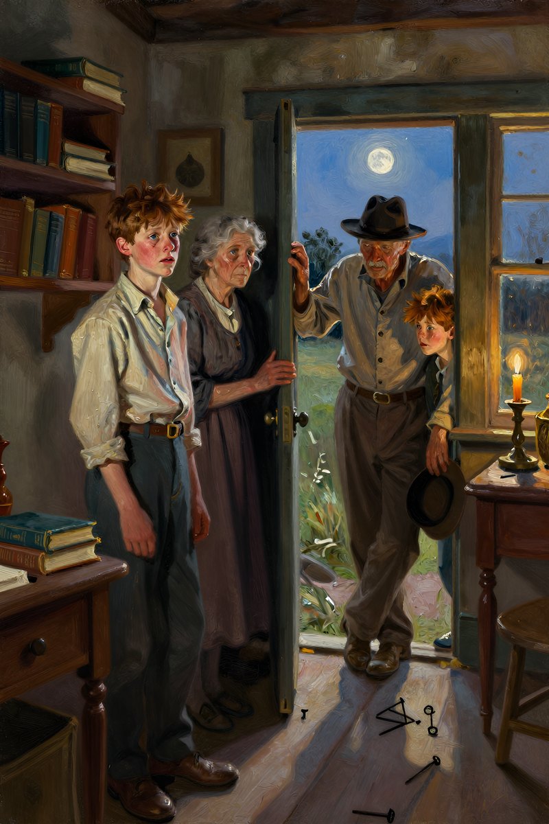 A thirteen-year-old boy, with wild chestnut hair, slight build, gray-blue eyes, rosy fair complexion, his face shining with grief, looking away from the viewer.