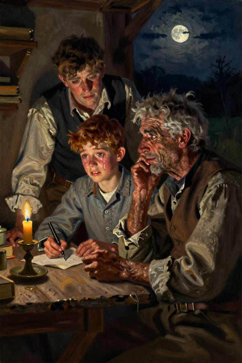 A thirteen-year-old boy, with wild chestnut hair, slight build, gray-blue eyes, rosy fair complexion, his face shining with grief, eyes on the others.