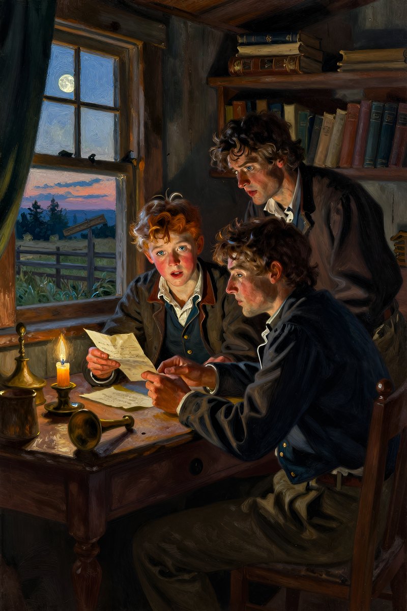A thirteen-year-old boy, with wild chestnut hair, slight build, gray-blue eyes, rosy fair complexion, his face open with wonder, looking away from the viewer.
