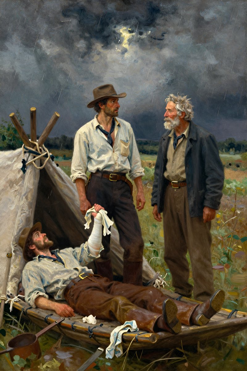 On the raft, the man stands beside an old man, both of them looking at a wounded rider lying in their wigwam.