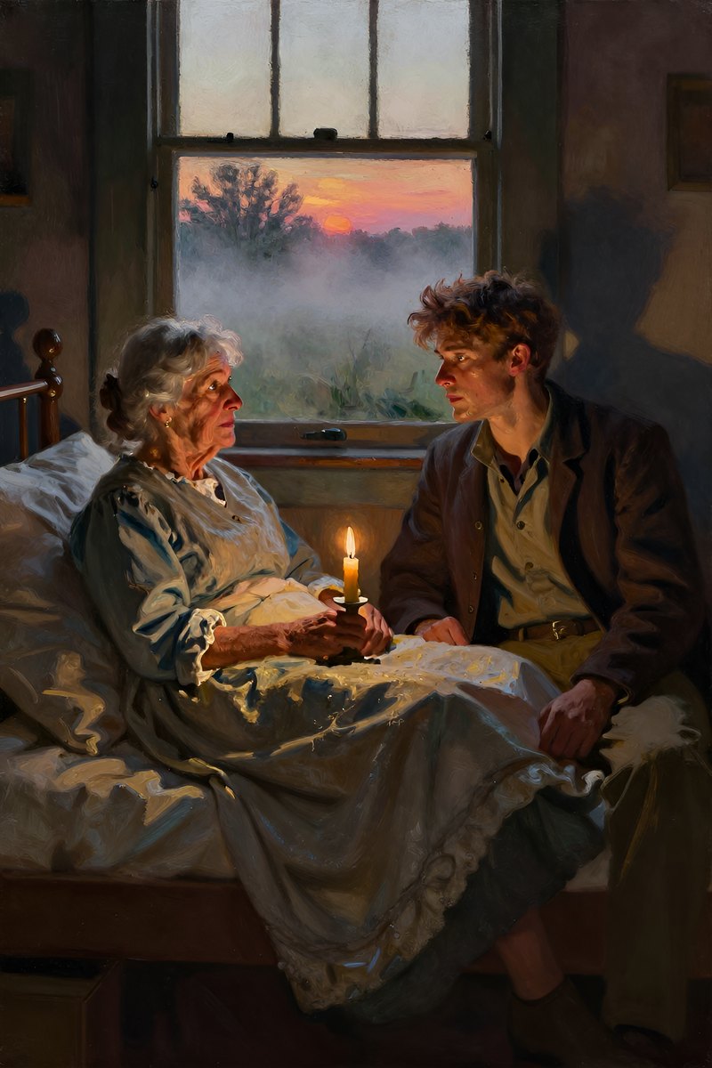 Sally, an elderly woman with gray hair and a kind face sits by the bedside of young the man, her simple dress now slightly rumpled from late-night vigil.