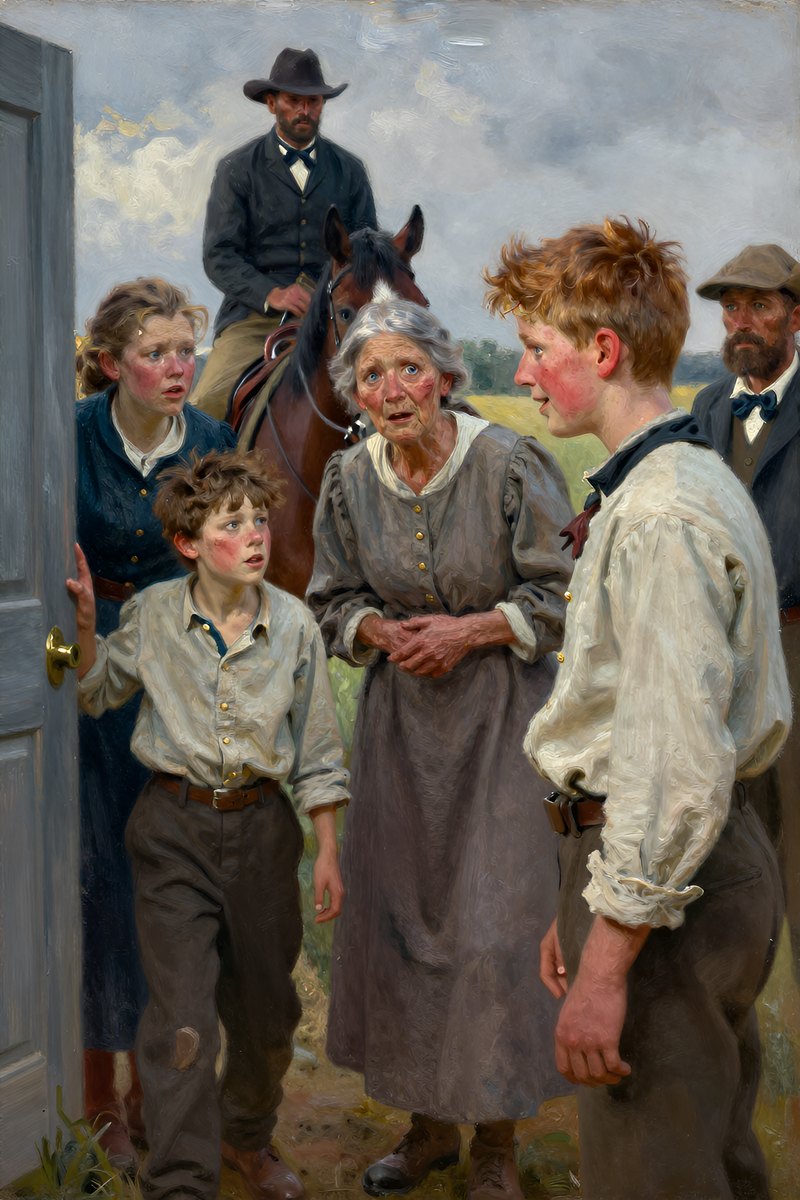 A thirteen-year-old boy, with wild chestnut hair, slight build, gray-blue eyes, rosy fair complexion, his face bright with delight, looking toward the other figure.