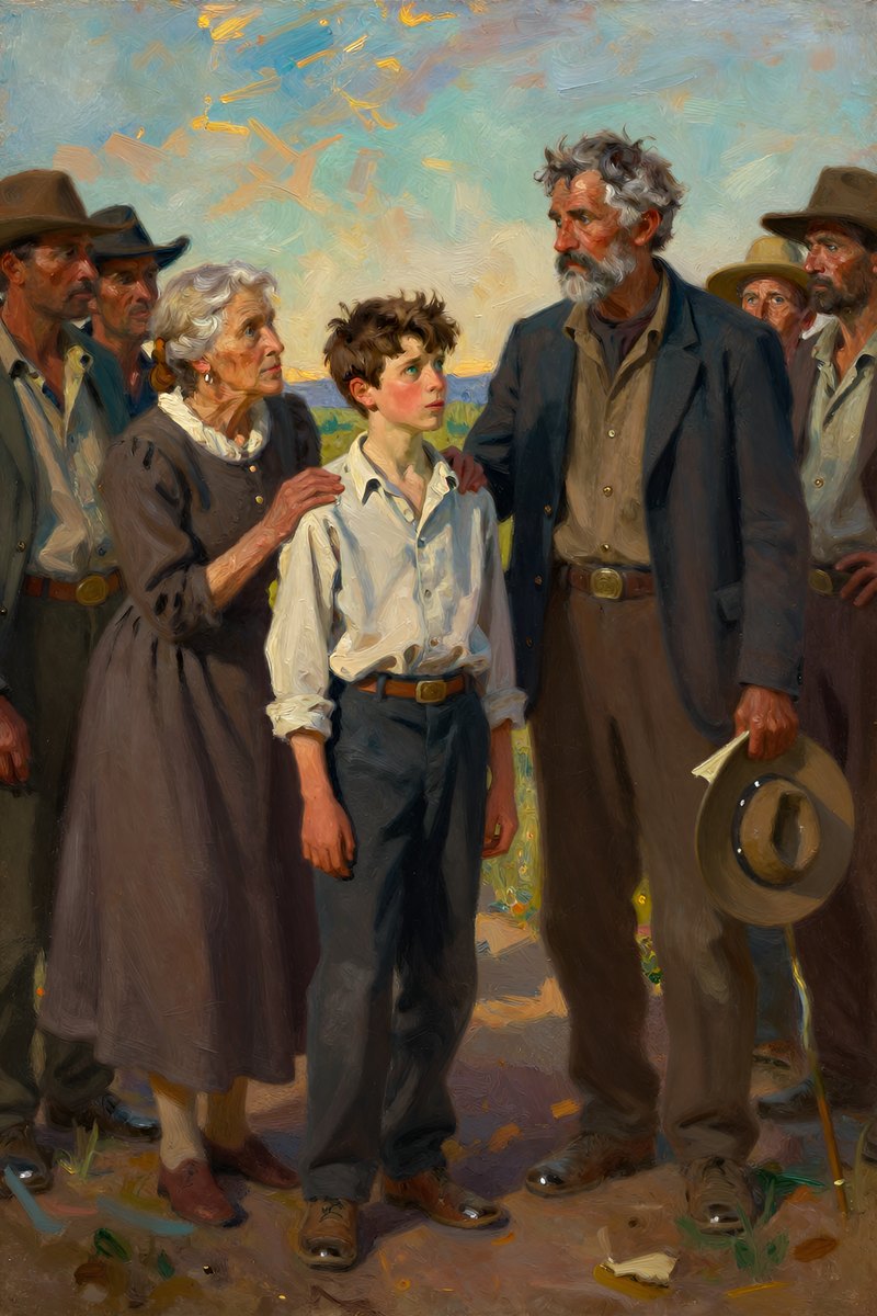A young thirteen-year-old boy, the man with tousled brown hair and a fresh-faced expression, stands solemnly by an elderly woman with kind eyes wearing a simple dress.