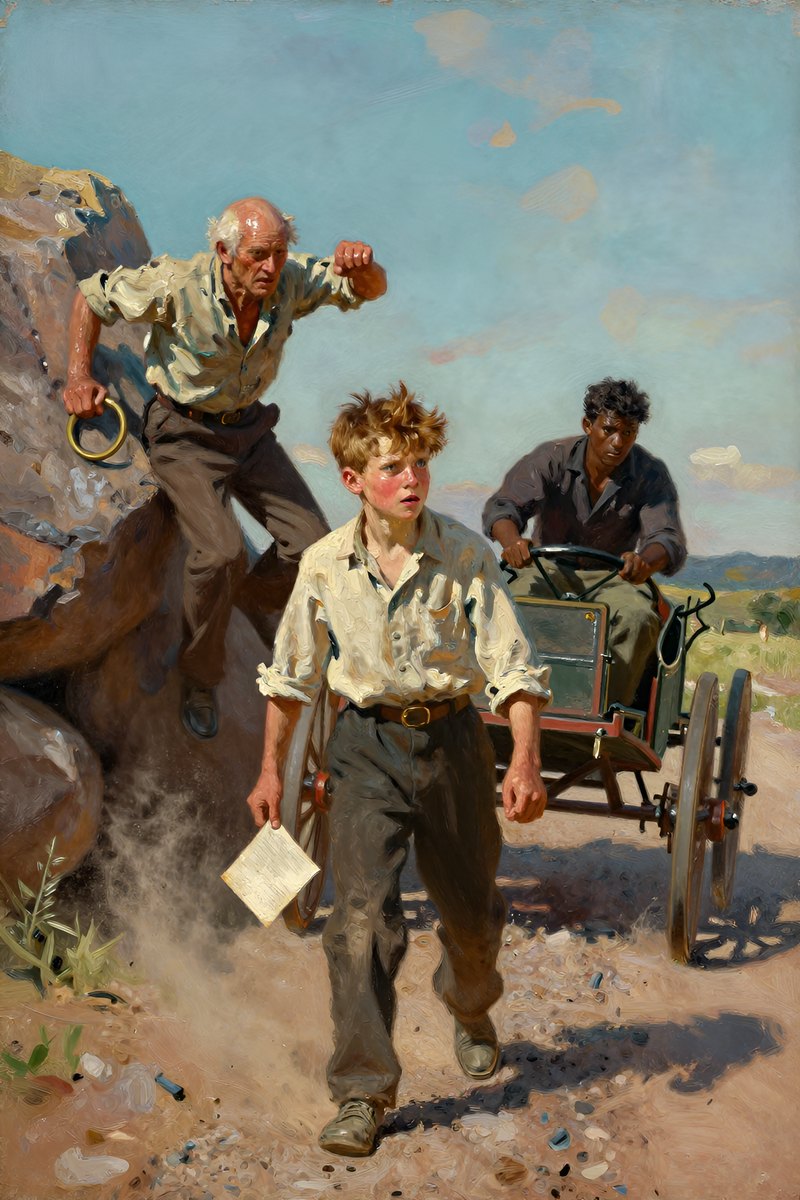 A thirteen-year-old boy, with wild chestnut hair, slight build, gray-blue eyes, rosy fair complexion, his face hard with anger, looking into the distance.