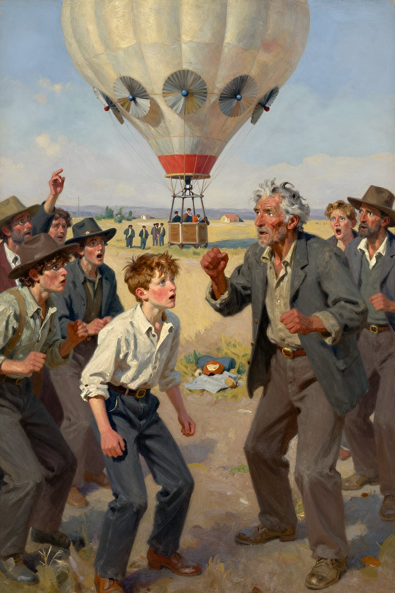 A thirteen-year-old boy, with wild chestnut hair, slight build, gray-blue eyes, rosy fair complexion, his face tight with fear, eyes on the others.