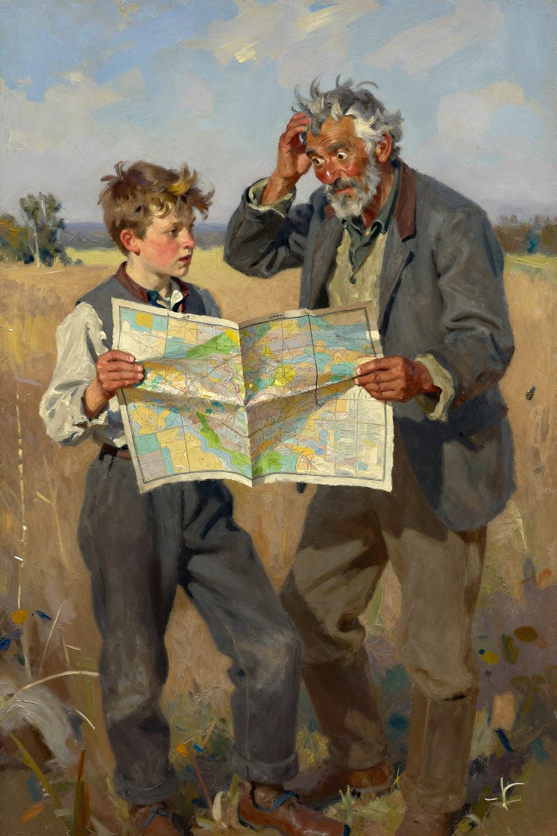 Beside him, an old man with gray hair and a weather-beaten face slaps his leg in delight, his brown eyes wide with amusement.