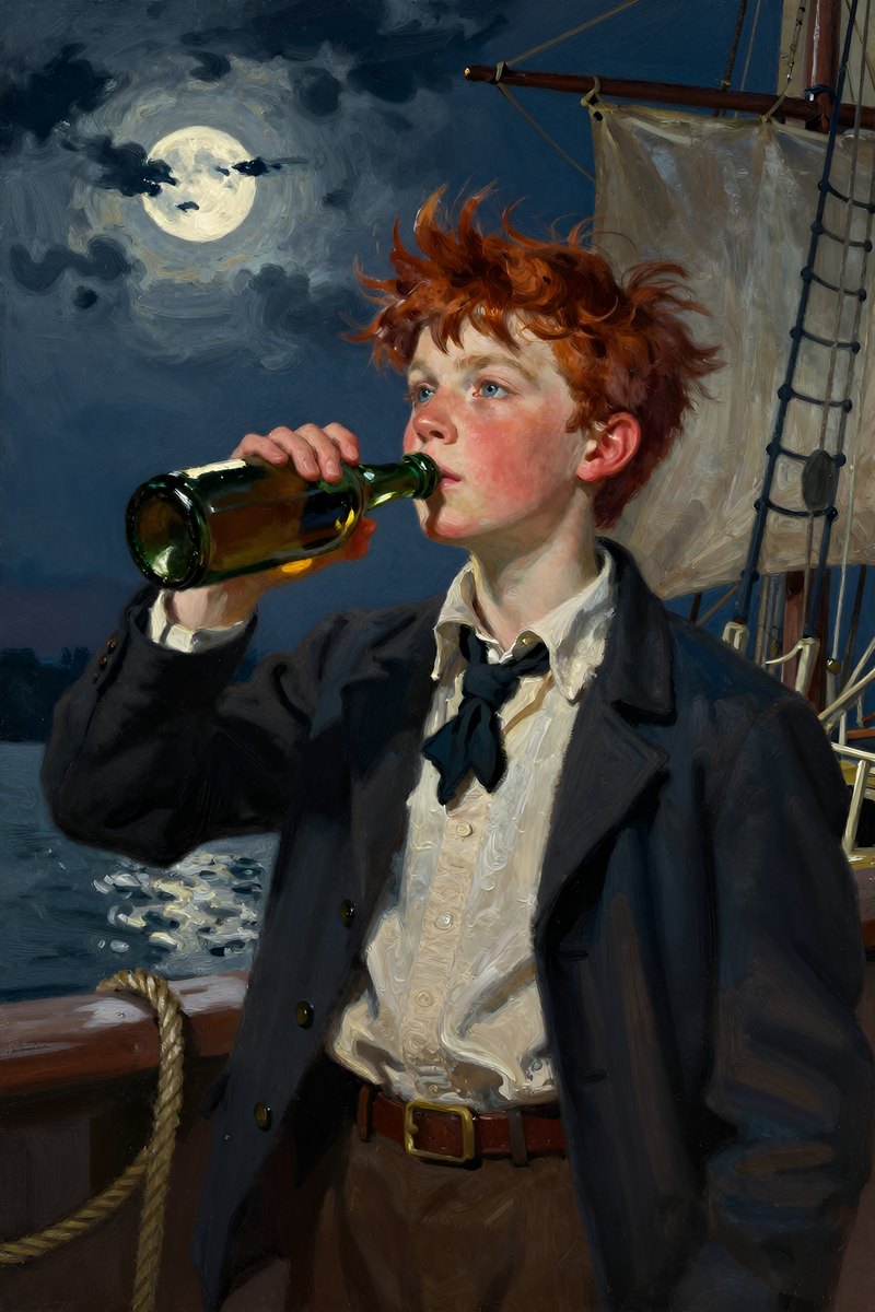 A thirteen-year-old boy, with wild chestnut hair, a determined face, slight build, gray-blue eyes, rosy fair complexion stands on the deck, his wild chestnut hair tousled by a.